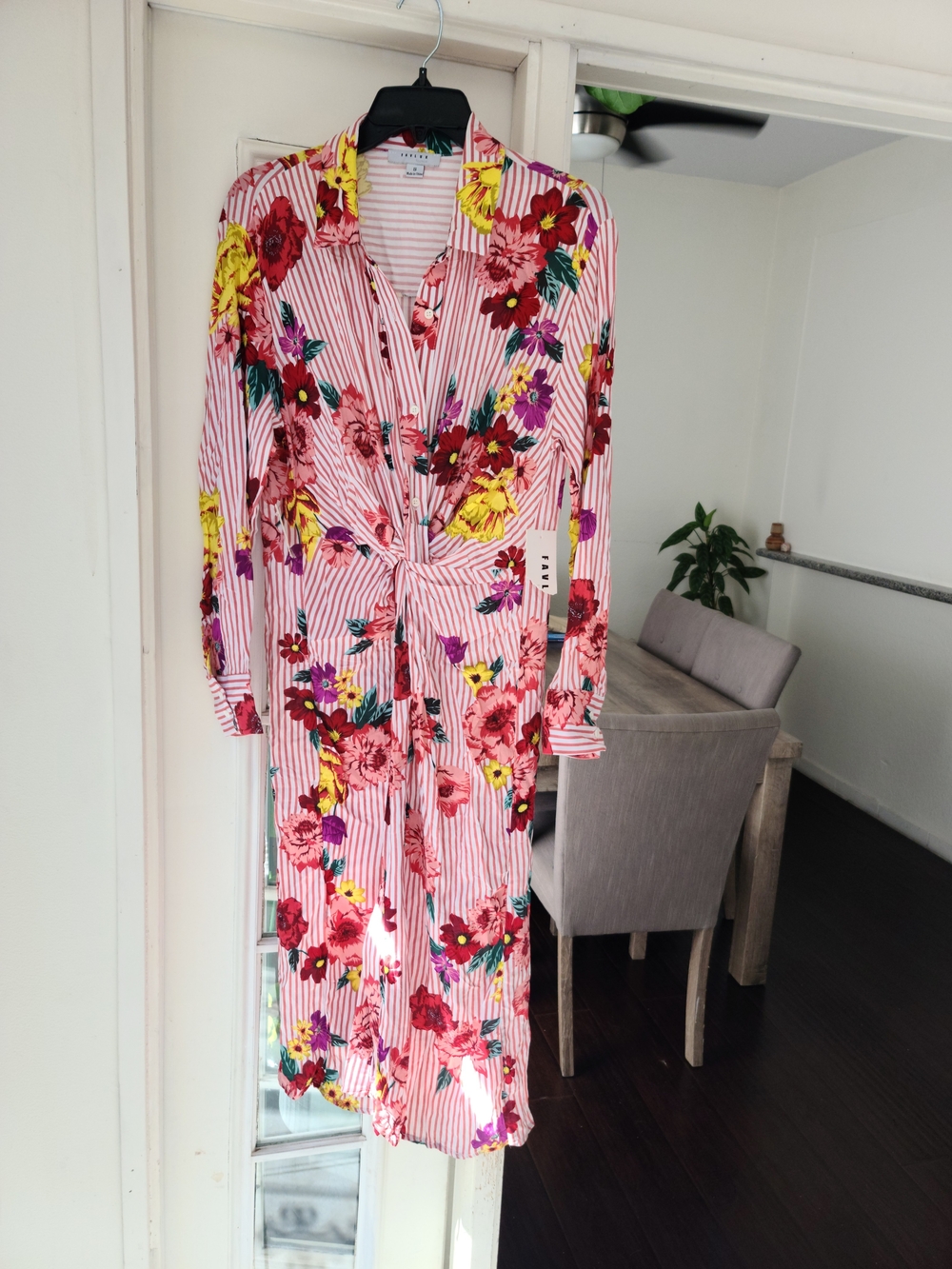 FAVLUX Pink Striped Floral Tie-Waist Midi Dress